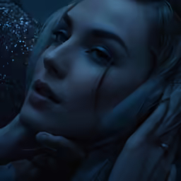 a woman in a dark room and the person holding her face in front of her is a hand on her ear and the picture is being illuminated from behind