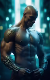 a man is shirtless and has arm braces