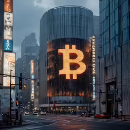 the words bit on it are lit up in front of the skyscrapers