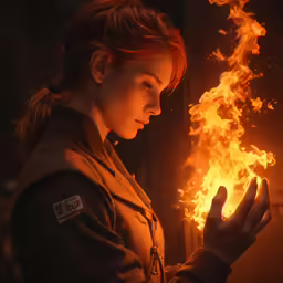 woman holding fire with one hand looking down at her fingers