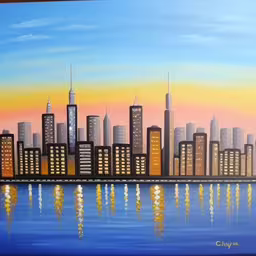 a painting of city and the lake at sunset,this painting shows the skyline at twilight, and lights reflecting in the water,painting of the skyline of a large city at dusk,a painting of a city at night lit up,a painting of a city in the sunset