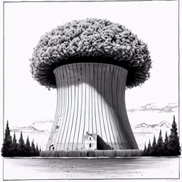 an illustration of a building with trees growing on it