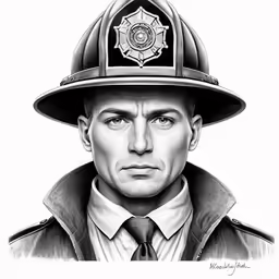 a man with a fireman hat in a black and white photo