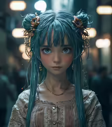 a close up of a woman with blue hair