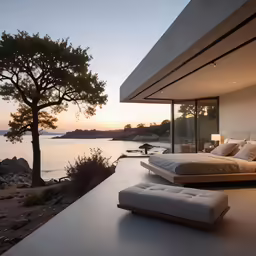 the view from a bedroom that looks out onto the water