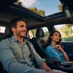 two people in a car looking at their laptop