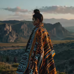 an individual dressed in native clothing stands on a mountain ridge