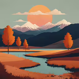 an image of a landscape painting of mountains with trees,the painting depicts trees, a stream and mountains