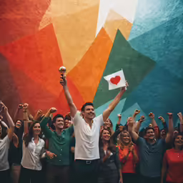 a man holding a trophy up to someone who is cheering