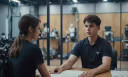 a man and woman sitting at a table looking into a camera