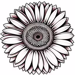 a drawing of a sunflower with the eye drawn,a drawing of a flower with a circular circle in the center,black and white sunflower on a white background,an abstract sunflower drawing on white paper,a drawing of a flower with an eye