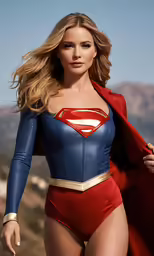 a sexy blonde woman in superman costume walking down the street