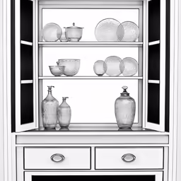 a china cabinet has three shelves and several vases