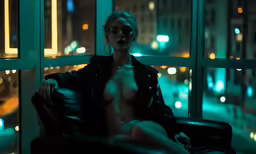 a woman in glasses is posing naked on a black leather chair