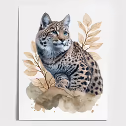 the print features a cheetah and leaves on white paper