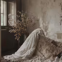 the corner of a room with flowers and clothes