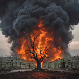 a black cloud of smoke billows from the side of a black tree