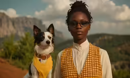 a woman with eyeglasses standing next to a small dog