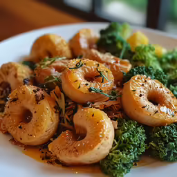 some green broccoli and donuts on a white plate