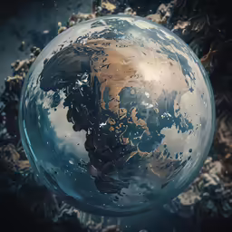 a blue glass sphere with water and clouds is shown