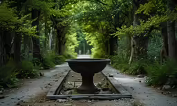 a view of an old fashioned looking walkway through a park