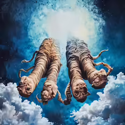 two hands are in the sky that is shaped like feet