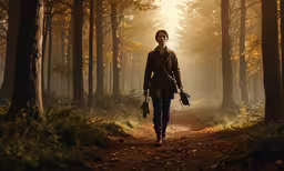a woman walking down a road past a forest,woman walking down a path in a forest with the sun just peeking through