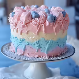 a cake with blueberries and frosting on a cake stand