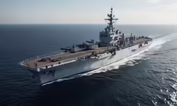 an aircraft carrier in the ocean with waves