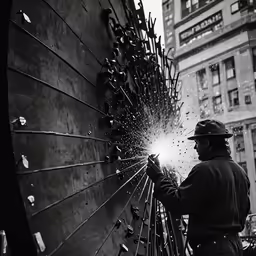 man in safety gear working on a large piece of metal