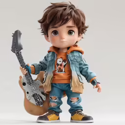 a doll with a guitar posed in front of a white background