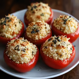 small stuffed tomatoes are filled with rice and sauce