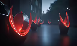 glowing red art sculptures in an area next to buildings