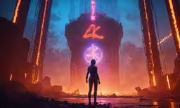 a sci - fior scene with a person standing in front of the futuristic city,a man stands in front of a giant tower with neon lights