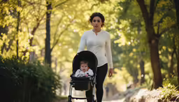 woman in white with black pants walking next to a baby stroller