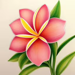 a drawing of a pink flower with green leaves,a drawing of a flower on paper with a brush