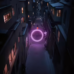 a long purple circular light that is above the buildings