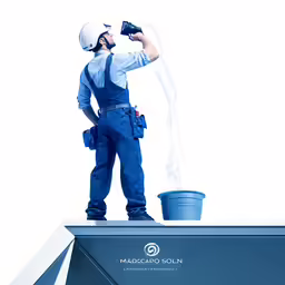 a man in overalls standing on top of a roof spraying water