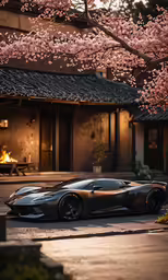 a car parked underneath the tree in front of a house