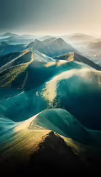 blue, green and orange colored hills in the sky