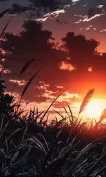 the sun is setting in a grassy field