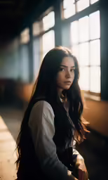 a girl is sitting on the floor looking off to the side
