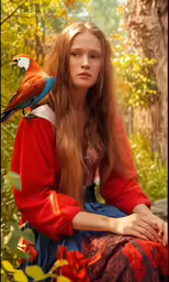 a beautiful young woman sitting on a tree holding a bird