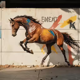 a horse on its hind legs is walking past a building