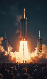 a group of people are standing on a stage watching a space shuttle