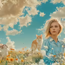 the girl and the cat are sitting down in the grass