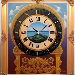 an elaborate gold clock with an ornate design,a clock with gold trim and hand painted landscape,a painting on a gold frame of a clock,there is a clock on the wall with gold trim,large antique style clock with hand painted landscape