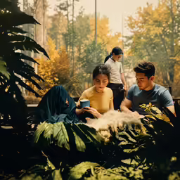 three people are standing and sitting on a bench in a forest