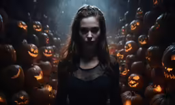 a woman standing amongst a dark background filled with pumpkins