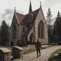 a man walking on a stone path in front of a church